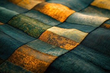 Aufkleber - Close-up of textured fabric with a patchwork design in teal, gold, and brown hues.