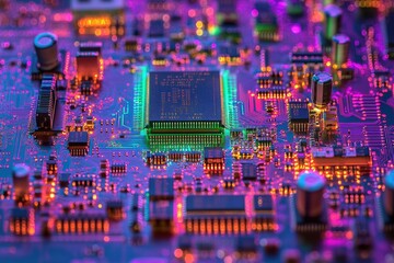 Leinwandbilder - Close-up view of a vibrant circuit board, showcasing intricate electronic components and glowing pathways.