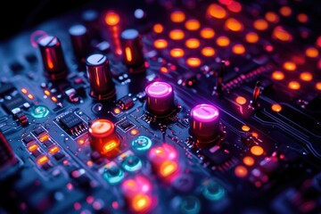 Leinwandbilder - Close-up of a vibrant circuit board with glowing buttons and components, showcasing intricate electronic design.