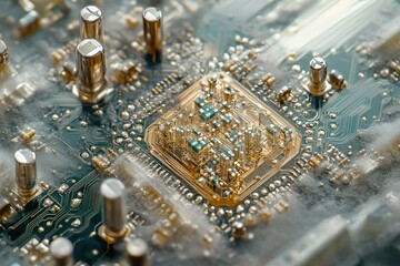 Fototapete - Close-up of a damaged computer motherboard covered in dust and grime, showing signs of wear and tear.