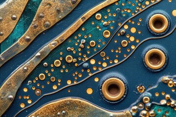 Poster - Close-up of a circuit board showcasing intricate gold and teal patterns, highlighting technological artistry.