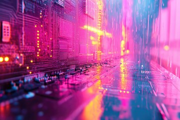 Leinwandbilder - Neon-lit circuit board, vibrant pink and purple hues, reflecting wet surface, technological abstract.
