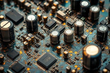 Poster - Close-up view of a complex circuit board, showcasing various electronic components and intricate circuitry.