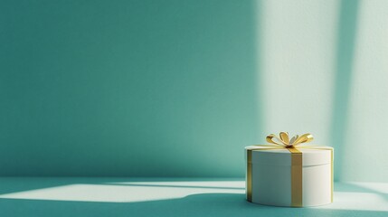 Aufkleber - White gift box with gold ribbon on teal background, sunlight.
