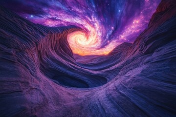 Poster - A swirling galaxy descends into a purple rock canyon, creating a surreal and breathtaking landscape.