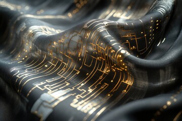 Aufkleber - Dark fabric with golden circuit pattern, elegantly draped, showcasing technological textile design.