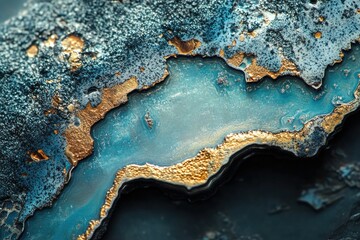 Poster - Abstract art featuring a mesmerizing blend of teal and gold, resembling a unique geological formation or a luxurious, opulent landscape.