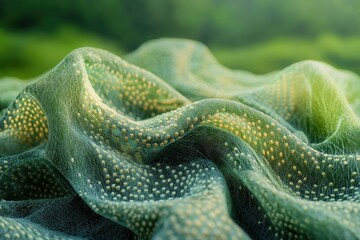 Poster - Soft, green fabric with a textured, dotted pattern drapes elegantly, creating a flowing, natural-looking textile.