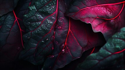 Aufkleber - Close-up of dark red and green leaves with water droplets.