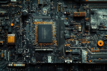 Leinwandbilder - Close-up of a dark, dusty, and intricate computer circuit board, showcasing its complex components.