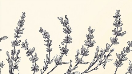 elegant line drawing of a lavender branch botanical drawn in black ink style on ivory paper with a v