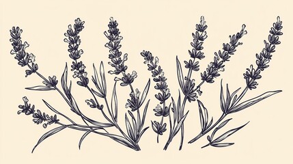 elegant line drawing of a lavender branch botanical drawn in black ink style on ivory paper with a v