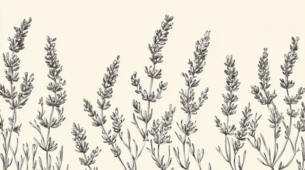 elegant line drawing of a lavender branch botanical drawn in black ink style on ivory paper with a v