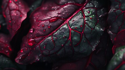 Aufkleber - Close-up of dark red leaves with water droplets, showing intricate vein details.