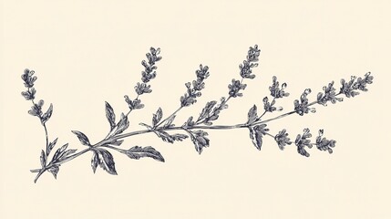 elegant line drawing of a lavender branch botanical drawn in black ink style on ivory paper with a v