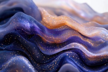 Leinwandbilder - Abstract image of glittering, flowing fabric in shades of purple and gold, resembling cosmic waves.
