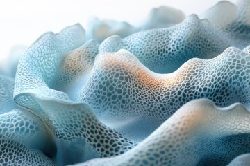 Poster - Abstract image of a flowing, textured, light-blue net-like material forming undulating waves.