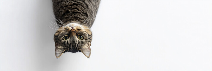 Aufkleber - Upsidedown tabby cat looking at camera on white background.