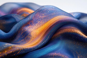 Poster - Shimmering blue and gold fabric draped in soft waves, glittering texture.