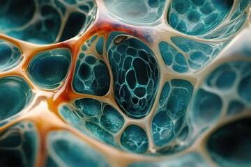Poster - Abstract 3D render of a teal and orange organic structure resembling a cellular network or alien landscape.