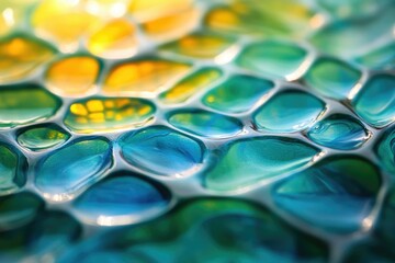 Fototapete - Abstract close-up of vibrant, textured glass with blue, green, and yellow hues creating a mesmerizing pattern.