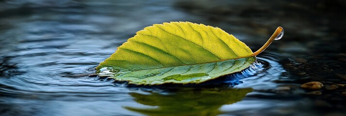 Poster - Single yellow-green leaf floats on dark water, creating ripples.