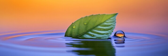 Poster - Green leaf floats on calm water with a droplet, sunset background.