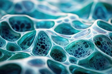 Poster - Abstract close-up of a turquoise, biomorphic, cellular structure with interconnected bubbles.