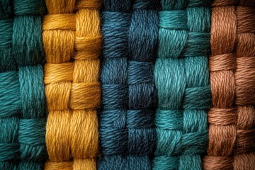 Aufkleber - Close-up of intricately woven textile with rich, earthy tones of teal, mustard, and brown.