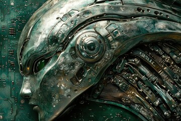 Aufkleber - A weathered metallic robotic head, intricate details showcase advanced technology and a worn aesthetic.