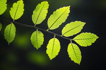 Aufkleber - Close-up of a branch with bright green leaves, sunlight illuminating leaf veins, dark background.