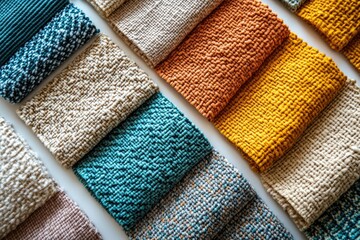 Aufkleber - A collection of colorful knitted or crocheted fabric samples in various textures and shades.