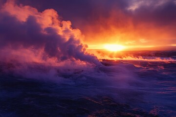 Aufkleber - A vibrant sunset casts an orange glow on a landscape of steam and volcanic rock, creating a dramatic and colorful scene.