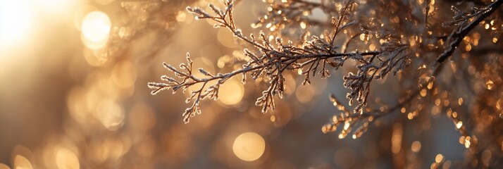 Poster - Frosty branch at sunrise, bokeh background.