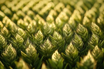 Leinwandbilder - Close-up of a lush field of hops, illuminated by golden sunlight.