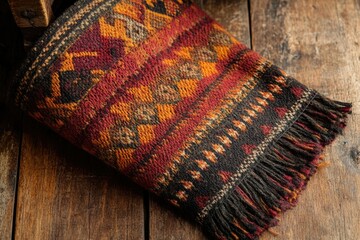 Poster - A richly textured woolen throw with intricate geometric patterns in autumnal hues, showcasing handcrafted artistry.