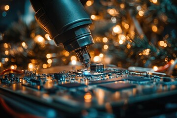 Poster - Precise soldering tool meticulously placing a microchip onto a circuit board against a festive Christmas lights backdrop.