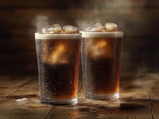 Poster - Two glasses of cold, fizzy dark brown soda with ice cubes on a wooden table, steaming.