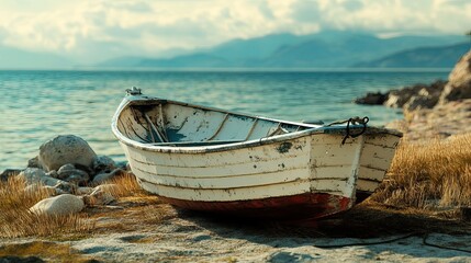  Fishing boat on shore, realistic, cinematic light, sharp focus.