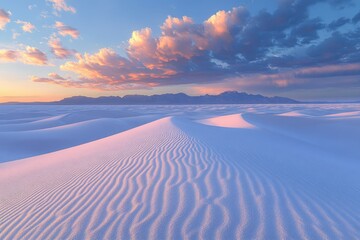 Aufkleber - Sunset casts a soft pink glow over the pristine white sand dunes, creating a serene desert landscape.