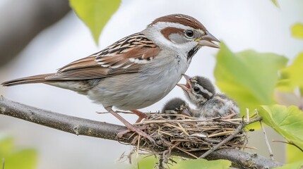 Poster - Adult bird feeding its chicks in a nest on a tree branch.