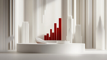 Fototapete - Abstract 3D rendering of a red bar graph rising amidst white city skyscrapers on a circular platform.