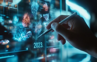 Poster - Hand interacts with a futuristic screen displaying 3D models of coral reefs and the year 2023.