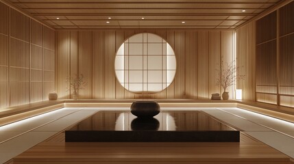 Poster - Minimalist Japanese-style room with wooden walls, circular window, and a dark stone bowl on a reflective platform.