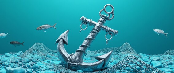 Poster - Underwater scene with anchor, fish, and net on seabed.