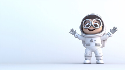 Poster - Joyful cartoon astronaut in white spacesuit with arms outstretched against a light blue background.