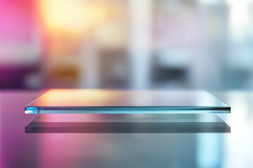 Poster - Two sleek glass squares on a reflective surface, blurred colorful background.