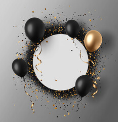 Poster - Elegant black and gold balloons with confetti surrounding a blank circle for text or design.