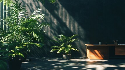 Aufkleber - Sunlit interior with tropical plants and wooden desk against a dark wall.
