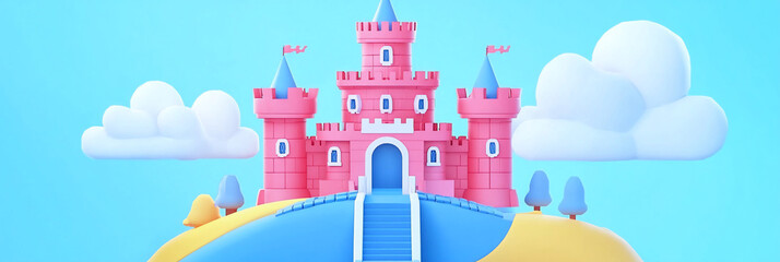 Poster - Pink fairytale castle on a hill with blue sky and clouds.